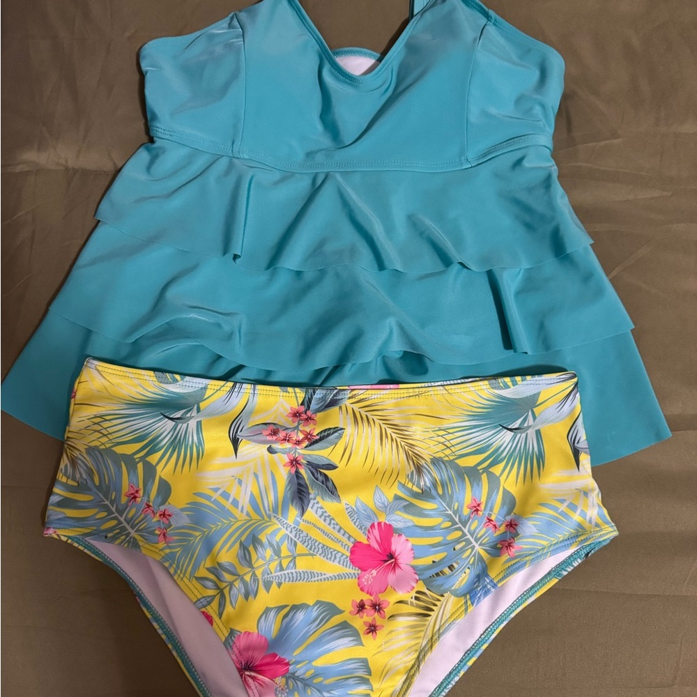 Blue Tankini Top with Floral Bikini Bottom